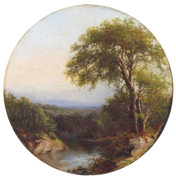 Julie Hart Beers (1835-1913) Hudson Valley Vista.  Oil on board (tondo), 12 1/2 inches (diameter).  Signed lower right.