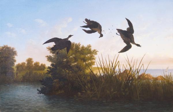 "Duck Hunting" by Albert Bierstadt, an oil to be auctioned on April 30 by Barridoff Galleries in Portland, Maine