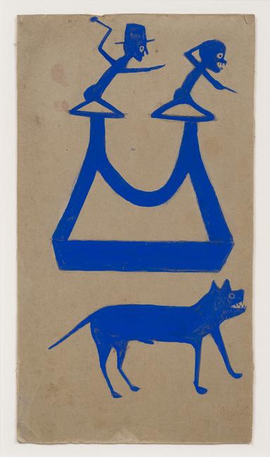 Bill Traylor, Blue Construction with Dog, 1854-1949, 13.5 x 7.5 in, Pencil and poster paint on cardboard, courtesy of Hirschl & Adler Modern, New York and Wide Open Arts, New York.