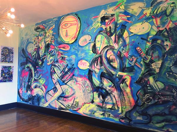 Bipolar Holiday: Kyoto Girls Pop-up interior mural "No Rebellion Against Time" painted for the exhibition.