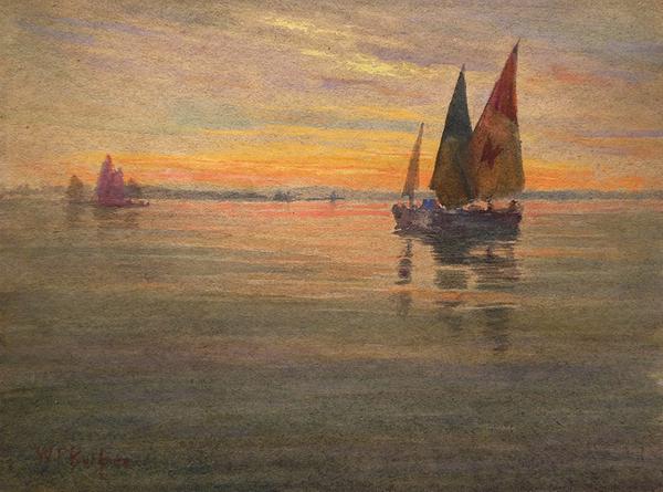 William Partridge Burpee, American (1846-1940), Sunset with Sailboats, Watercolor, 8 3/4 x 12 3/4 inches.