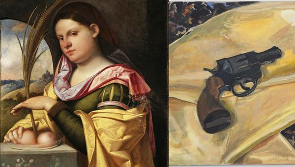 Cariani (Giovanni Busi), Portrait of a Young Woman as Saint Agatha and Margaret Harrison, Beautiful Ugly Violence