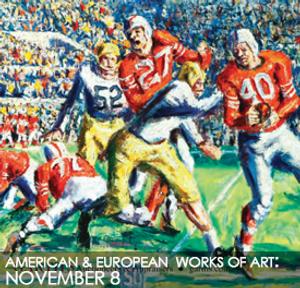 Lot 2076 HOWARD "HOPALONG" CASSADY BY EMERSON BURKHART (AMERICAN, 1905-1969).  Oil on canvas, signed and dated "55" lower left.  Depicts 1955 Heisman trophy winner Howard "Hopalong" Cassady at the 50 yard line during an Ohio State versus Michigan game.  23.5"h.  29.5"w., in a modern gilt frame, 31.5"h.  37.25"w.  $10,000-$15,000