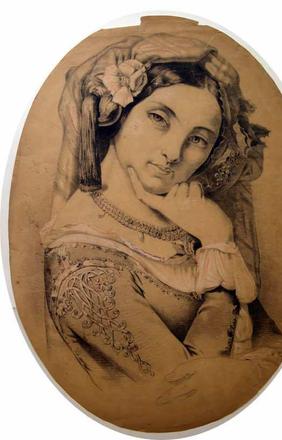 Charcoal and pencil drawing of a young woman, drawn circa 1860s-1870s (from the R.  Laubenheimer Family Archives)