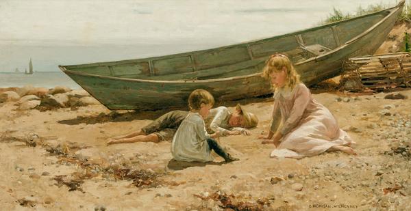 Oil on canvas by Charles Morgan McIlhenney (American, 1858-1904), titled Summer Afternoon by the Shore, signed, 14 inches by 26 ¾ inches, est.  $15,000 - $25,000, sold for $100,000.