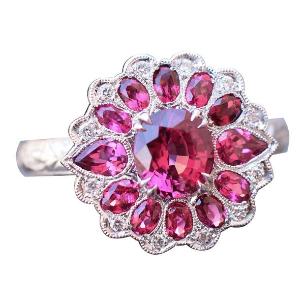 Clarisse Ring by Cecile Raley Designs.  Featuring Burmese spinel and diamonds, set in 14K white gold.