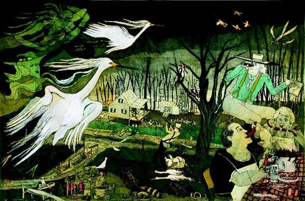 Warrington Colescott, (American, born 1921), Audubon in the Atchafalaya (Snowy Egret), 1994, from Suite Louisiana, softground etching and aquatint, with roulette, and relief rolls through stencils, edition: 2/25, 31 ½ x 47 ½ inches, Jule Collins Smith Museum of Fine Art, Auburn University; gift of Lynn Barstis Williams to the Imprinting the South Collection