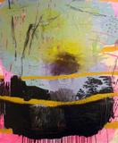 “Yellow Line Explosion” by Stacey Elder in acrylic, latex, pouring gel medium, spray paint, ink, fabric paint, and yarn on canvas.  