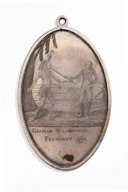 George Washington Indian Peace Medal (small size), 1792, Philadelphia, Pennsylvania, silver and silver solder, Museum Purchase, Lasser Numismatics Fund, 2021-6.   