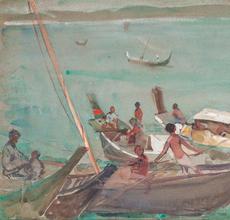 Day, Siamese Coast, S.S.  Malini Hilda May Gordon (1874-1972) Gouache 7 1/4 x 10 in.  Inscribed as title, verso