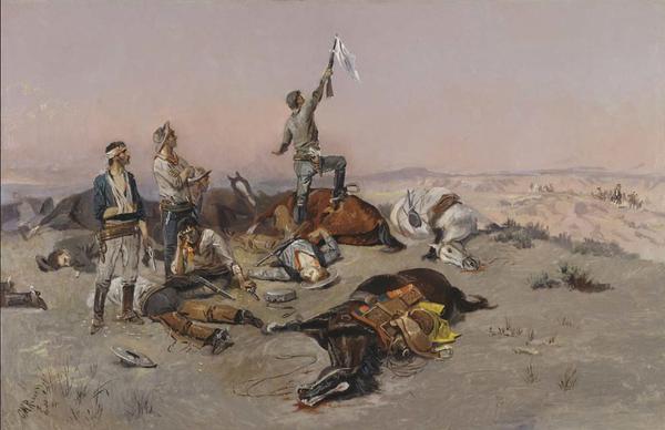 Offering a Truce [Bested], 1895, is estimated to sell for between $1,300,000 and $1,800,000 on March 22, 2014, for The Russell: An Exhibition and Sale to Benefit the C.M.  Russell Museum.