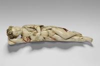 Christ Child as the Good Shepherd, 17th century.  Artist/maker unknown, Ceylon-Portuguese.  Ivory with polychromy, 2 1/4 x 11 x 2 3/4 inches (5.7 x 27.9 x 7 cm).  Roberta and Richard Huber Collection.