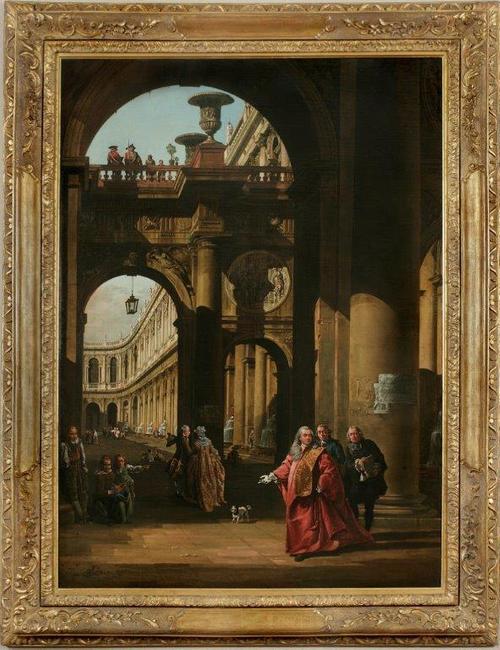 Bernardo BELLOTO, Venice 1722-1780 Warsaw, ARCHITECTURAL CAPRICCIO WITH A SELF PORTRAIT in the costume of a Venetian Nobleman, c1762-65, oil on canvas.  Part of LOOKING SOUTH Three Centuries of Italian Paintings.  