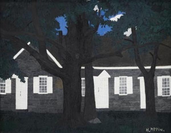 Horace Pippin (1888-1946) Birmingham Meeting House III, 1941.  Oil on fabric board, 16 x 20 inches.  Collection of Brandywine River Museum.  Museum Volunteers’ Art Purchase Funds and other funds, 2011.