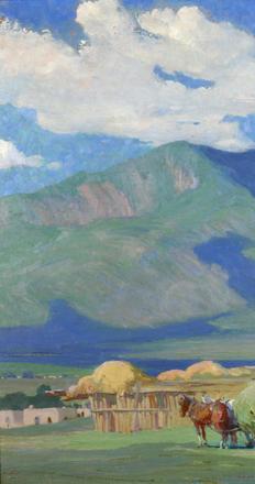 Oscar E.  Berninghaus, Haying Time in Taos (Alfalfa Time/Mountains in Taos),ca.  1928-1930, oil on board Gift of Linda D.  Taplick and James W.  Miller.  