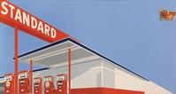 Edward Ruscha, Standard Station with Ten-Cent Western Being Torn in Half, 1964.  Oil on canvas, 65 x 121 1/2 inches.  Extended loan, private collection.  Courtesy of the artist.