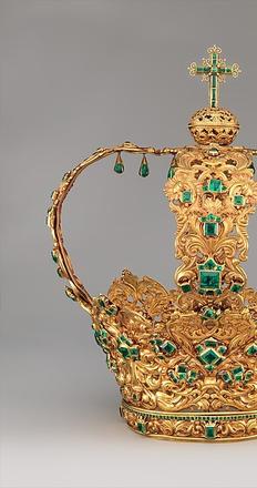 Crown of the Virgin of the Immaculate Conception, known as the Crown of the Andes.  Colombia; Popayán, ca.  1660 (diadem) and ca.  1770 (arches).  Gold, repoussé and chased; emeralds.  Purchase, Lila Acheson Wallace Gift, Acquisitions Fund and Mary Trumbull Adams Fund, 2015 