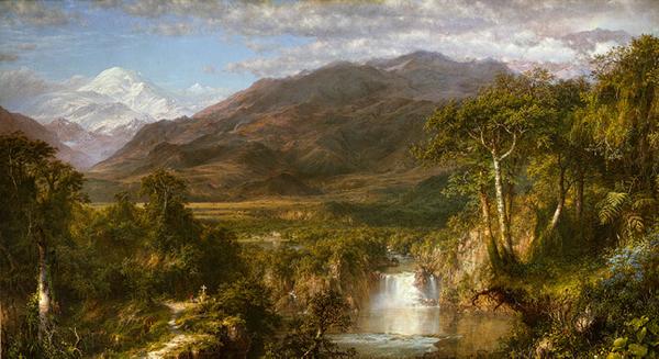 The Heart of the Andes, 1859, by Frederic Edwin Church (American, 1826–1900).  Oil on canvas, 66 1/8 x 119 1/4 in.  (168 x 302.9 cm).  Bequest of Margaret E.  Dows, 1909 (09.95).  Metropolitan Museum of Art.