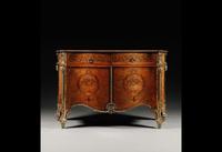 An important George III gilt-lacquered brass mounted fustic, rosewood, tulipwood and marquetry commode, almost certainly by Thomas Chippendale, circa 1770, sold for £3,793,250 ($5,980,438) at Sotheby's.