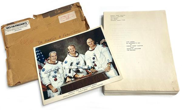 Astronaut Deke Slayton’s typed, unpublished, 169-page manuscript sent to Anatole Forostenko on July 30, 1986, with the original mailing envelope and an Apollo-Soyuz Mission photo signed by Slayton (est.  $400-$500).