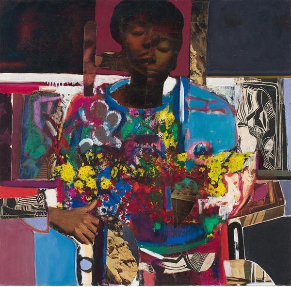 David Driskell, Woman with Flowers, 1972, Oil and collage on canvas, 37 1/2 x 38 1/2 in.; Art Bridges Foundation, Bentonville, Arkansas