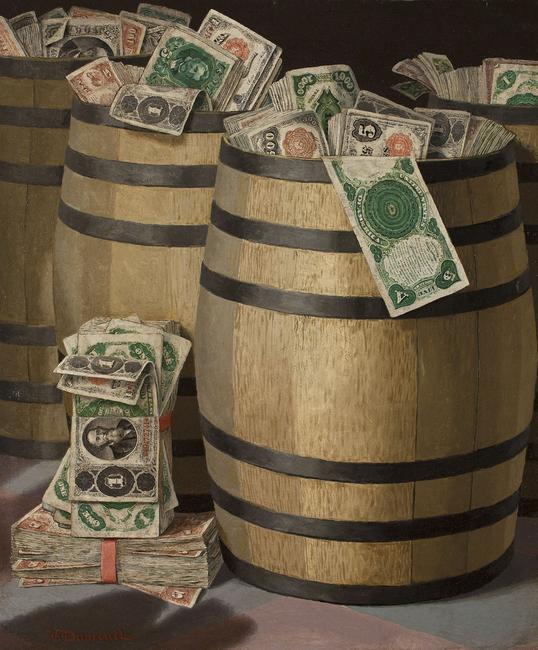 Victor Dubreuil, Barrels of Money, oil on canvas, 24 x 20 in.  