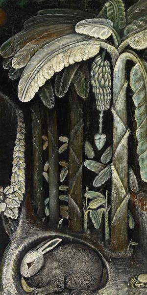 John Dunkley (Jamaica, 1891–1947) Banana Plantation c.  1945 Mixed media on plywood 29 1/8 x 17 5/8 in.  National Gallery of Jamaica, Kingston, gift of Cassie Dunkley Photo by Franz Marzouca