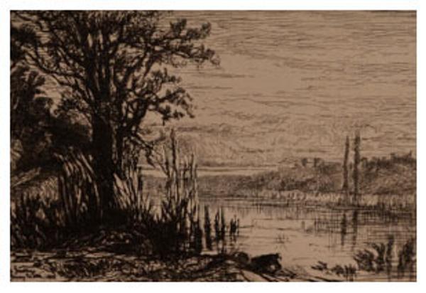 Eliza Pratt Greatorex, "The Pond (Cerney-la-ville)," 1880, etching (detail