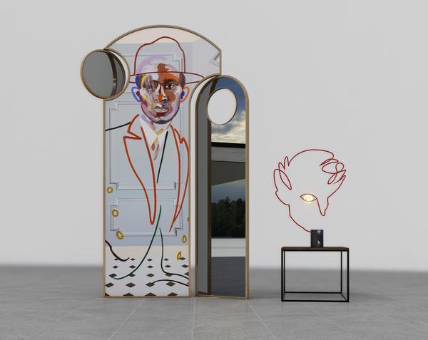  Left: ‘Emissary Mirror & Screen Divider’, in brass with mirror & silkscreen print, 175 cm H, edition of 50 (£8,995).  Right: ‘Homme Table Lamp’, in Carrara marble & steel, 75 cm H, edition of 50 (£3,750) (AEDITIONS / Loribelle Spirovski)