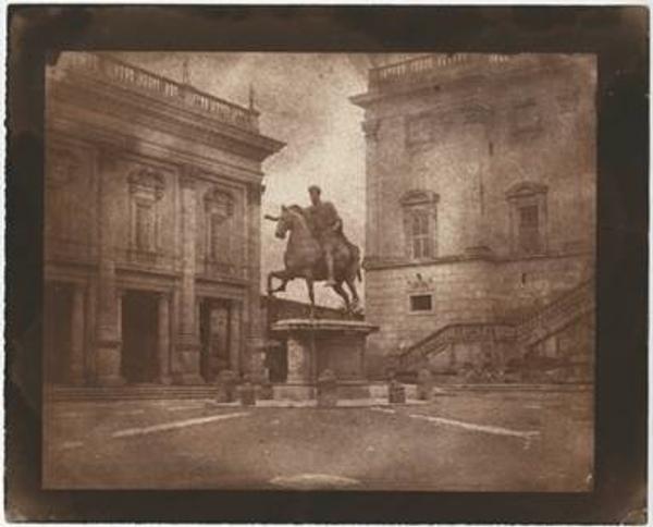 Rev.  Calvert Richard Jones (Welsh, 1802-1877) Marcus Aurelius on the Capitoline Hill, Rome, 1846.  Salt print from a calotype negative 16.7 x 21.3 cm on 19.7 x 24.8 cm paper.