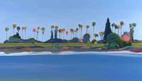 Gregory Kondos, Sacramento River with 32 Palms, 2001.  Oil on canvas, 42 x 60 in.  Melza and Ted Barr Collection