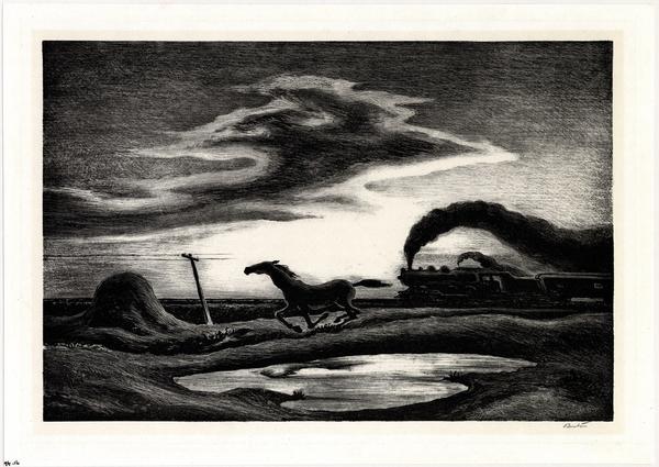 Thomas Hart Benton (1889-1975) The Race, 1942, lithograph, 23.8 x 34.5 cm.  The American Museum in Britain.