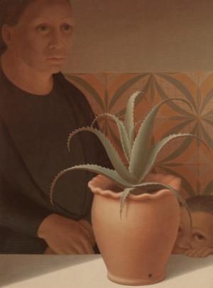 George Tooker, Pot of Aloes, 1974, Egg Tempera, 23 1⁄2 x 17 1⁄2 inches.  ACA Galleries.