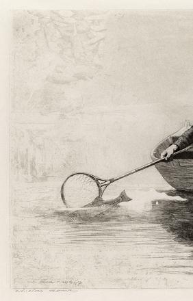 Winslow Homer, Fly Fishing, Saranac Lake, etching, 1889.  Estimate $80,000 to $120,000.