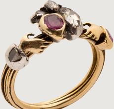 Gimmel and Fede Ring.  Western Europe, mid-18th century.  Gold, silver, diamond, ruby