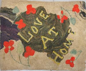 LOVE AT HOME, a smile inducing antique hooked rug from Maine