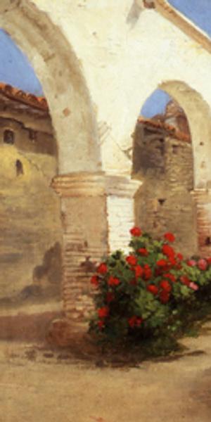 “Façade of Mission San Juan Capistrano,” circa, 1885 by Elizabeth Jaynes Borglum (1848-1922) Oil on canvas / 16 x 22 inches The Irvine MuseumCollection at the University of California, Irvine