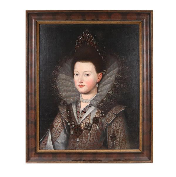 17th century oil on canvas attributed to Frans Pourbus II (French, 1569-1622), titled Portrait of Isabella of Savoy.