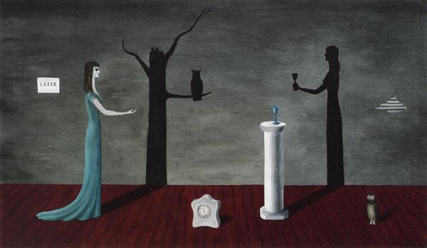 GERTRUDE ABERCROMBIE (American, 1909–1977) Strange Shadows (Shadow and Substance), 1950.  Oil on canvas, 211⁄4 × 35 in.  Private Collection, courtesy Richard Norton Gallery Photo: © James Prinz Photography, Chicago