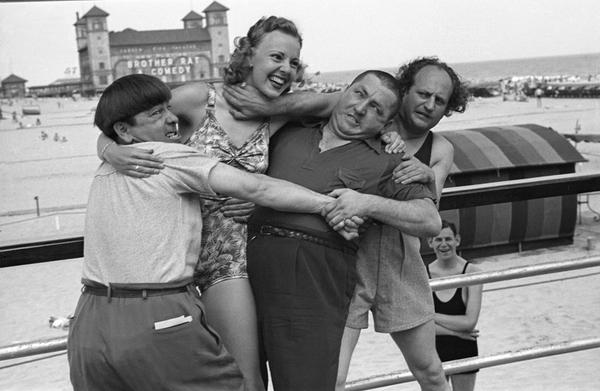 The Three Stooges and Barbara Bradford Mann on the Steel Pier, Atlantic City, 1938