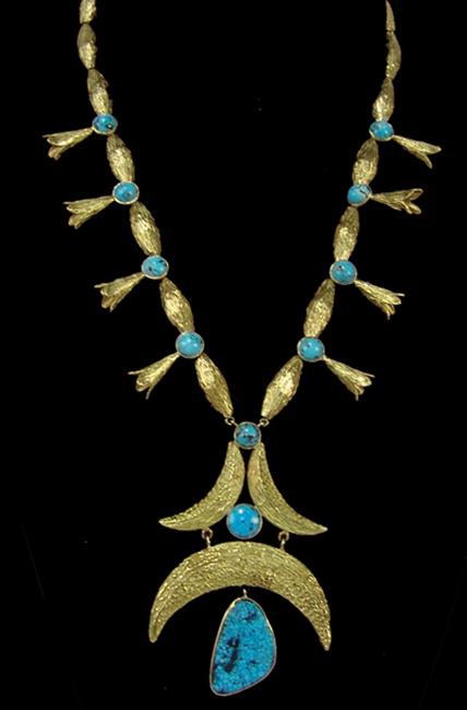 This 26-inch-long 14kt gold and turquoise necklace was the top lot of the auction, selling for $5,750.  The sale was held by Allard Auctions in Mesa, Ariz., near Phoenix.