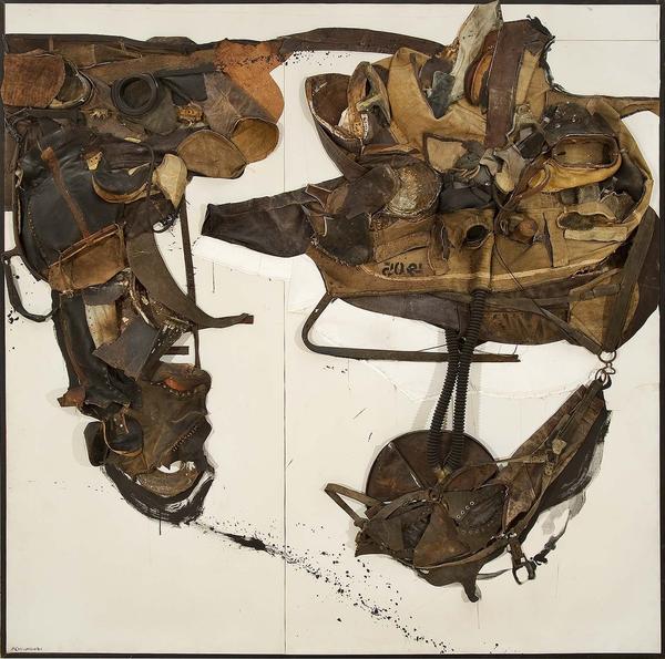 Nancy Grossman (b.1940), For David Smith, 1965, leather, metal, rubber, fabric and paint assemblage, 85" x 85" x 4 3/4", signed and dated