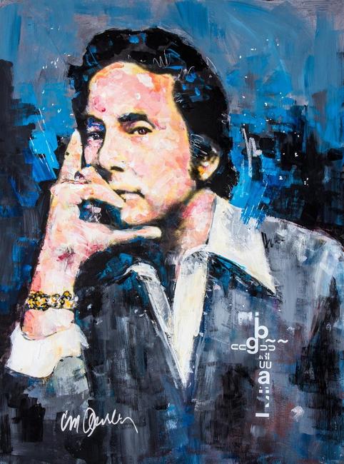 Sid Maurer painted this stylized rendering of Penthouse Magazine founder, the late Bob Guccione.  The painting is now owned by former NFL star Joe Namath.