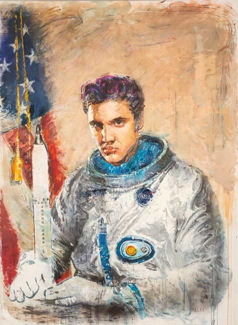 Oil on canvas by Igor Gusev (Ukrainian, b.  1970), titled Elvis Returns, unframed, 76 ¾ inches by 57 inches, artist signed in Ukrainian lower right (est.  $6,000-$8,000).