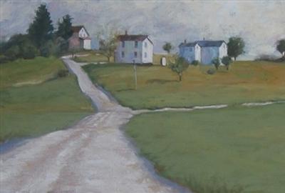 Harold Miller.  Company Houses.  Oil on Linen on Wood.  12"x24"