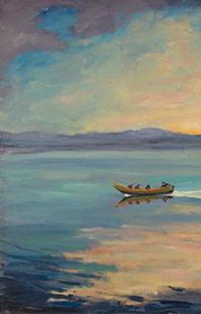 Flat Calm with a High-prowed Boat, c.  1925.  Oil on canvas, 23 1/2 x 32".  Mr.  Hugo Dixon on loan to National Churchill Museum at Westminster College, Fulton, MO.