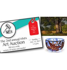 The HMA Art Auction features Lot 92: a landscape painting by Luigi Lucioni (American, 1900-1988) and Lot 90: a glass bowl by Kelsey Murphy (Ohio/West Virginia, 20th/21st c.).