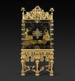 Exhibitor: Hyde Part Antiques A Charles II Black and Gilt Japanned Cabinet with Original Giltwood Stands and Cresting, circa 1685.  