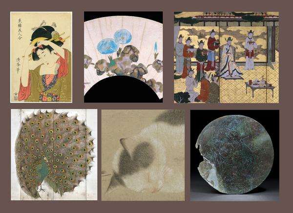 Clockwise, from top left: Torii Kiyomine, Beauty Tying a Hair Ribbon, courtesy Sebastian Izzard LLC Asian Art.  Hochu Nakamura, Asagao (Morning Glories) (detail), courtesy Judith Dowling Asian Art.  Attributed to Kano Eitoku, Gift-bearers at the Chinese Court (detail), courtesy Koichi Yanagi Oriental Fine Arts.  Mirror with image of Kongo Zao Bosatsu, courtesy of Mika Gallery.  Maruyama Okyo, Portrait of a Young, Sleeping Cat (detail), courtesy Leighton R.  Longhi, Inc.  Oriental Fine Art.  Usum