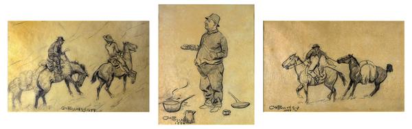 These three very rare pencil sketches by C.M.  Russell will be offered at Clars Auction Gallery for the first time on Sunday, February 19th, 2012.  (Estimate: $60,000 to $80,000)